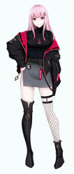 Rule 34 | 1girl, alternate costume, asymmetrical legwear, belt, black sweater, blunt bangs, boots, breasts, gem, hair ornament, hairclip, hand on own hip, highres, hololive, hololive english, jacket, jewelry, large breasts, long hair, looking at viewer, mask, mori calliope, necklace, open clothes, open jacket, pink eyes, pink hair, simple background, skirt, skull mask, smile, solo, sweater, sylviez, thigh boots, thighhighs, thighs, uneven legwear, virtual youtuber, white background