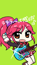 Rule 34 | 10s, 1girl, :d, aikatsu!, aikatsu! (series), arm up, chan co, chibi, green background, guitar, instrument, open mouth, otoshiro seira, plectrum, ponytail, red eyes, red hair, smile, solo