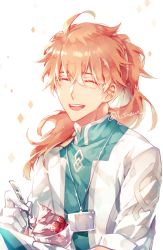 Rule 34 | 1boy, :d, ^ ^, ahoge, blush, closed eyes, facing viewer, fate/grand order, fate (series), food, fruit, gloves, green shirt, h sueun, hair between eyes, head tilt, high collar, highres, holding, holding spoon, ice cream, lab coat, light brown hair, long hair, long sleeves, male focus, open mouth, romani archaman, shirt, simple background, smile, soft serve, solo, spoon, strawberry, twitter username, white background, white gloves