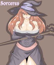 Rule 34 | 1girl, bare shoulders, breasts, brown eyes, brown hair, cleavage, detached sleeves, dragon&#039;s crown, dress, hat, huge breasts, large breasts, rf (aruehu), solo, sorceress (dragon&#039;s crown), staff, strapless, strapless dress, vanillaware, weapon, witch hat