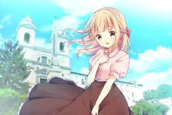 Rule 34 | 1girl, :o, architecture, blonde hair, bow, braid, brown eyes, castle, center frills, collared shirt, cross, day, earrings, frilled shirt collar, frilled skirt, frills, hair bow, half updo, hand on own chest, jewelry, long hair, mameko minami, open mouth, original, outdoors, puffy short sleeves, puffy sleeves, shirt, short sleeves, skirt, sky, solo, tower, tree