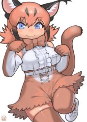 Rule 34 | 1girl, animal ears, belt, blue eyes, bow, bowtie, caracal (kemono friends), cat ears, cat girl, cat tail, elbow gloves, extra ears, gloves, highres, kemono friends, long hair, looking at viewer, orange hair, rinx, shirt, shoes, simple background, skirt, sleeveless, sleeveless shirt, solo, tail, thighhighs