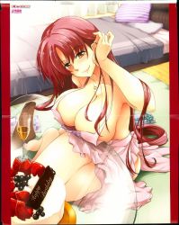 Rule 34 | 1girl, alcohol, apron, barefoot, bed, birthday, blush, box, breasts, brown eyes, cake, cleavage, cup, drinking glass, food, gift, gift box, glass, tucking hair, happy birthday, heart, heart necklace, highres, jewelry, kamino ryuuya, large breasts, long hair, looking at viewer, mole, mole under eye, naked apron, necklace, pillow, plate, red hair, scan, sitting, smile, solo, table, wine, wine glass, yokozuwari