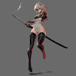 Rule 34 | 1girl, 2b (nier:automata), absurdres, artist name, bad id, bad twitter id, black gloves, black thighhighs, blindfold, boots, breasts, commentary request, feather trim, fighting stance, full body, gloves, grey background, hairband, haje, heattech leotard, highres, holding, holding sword, holding weapon, leotard, lips, medium breasts, nier:automata, nier (series), puffy sleeves, ready to draw, sheath, sheathed, short hair, simple background, solo, sword, thigh boots, thighhighs, thighhighs under boots, turtleneck, weapon, white hair