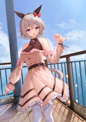 Rule 34 | 1girl, :d, absurdres, animal ears, bare shoulders, black hairband, blue sky, blush, bow, breasts, brown dress, cloud, commentary, curren chan (umamusume), day, dress, ear blush, frilled dress, frills, grey hair, hair between eyes, hairband, hand up, highres, horizon, horse ears, horse girl, horse tail, long sleeves, looking at viewer, medium breasts, ocean, open mouth, outdoors, pantyhose, puffy long sleeves, puffy sleeves, purple eyes, railing, red bow, short hair, sky, sleeves past wrists, smile, solo, taikoi7, tail, umamusume, white pantyhose