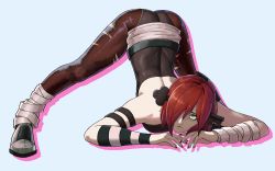 Rule 34 | 1girl, a.b.a, absurdres, bandages, black legwear, female focus, flexible, green eyes, guilty gear, guilty gear xx, hair over one eye, highres, jack-o&#039; challenge, key in head, looking at viewer, object through head, red hair, short hair, solo, top-down bottom-up, torn clothes, torn legwear