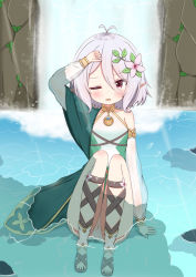 Rule 34 | 1girl, absurdres, antenna hair, arm support, arm up, bare shoulders, blush, breasts, brown footwear, commentary request, dress, flower, flying sweatdrops, green dress, hair between eyes, hair flower, hair ornament, highres, jiu (sdesd3205), knees up, kokkoro (princess connect!), long sleeves, one eye closed, panties, parted lips, pink flower, pointy ears, princess connect!, puffy long sleeves, puffy sleeves, red eyes, see-through, see-through sleeves, shallow water, silver hair, sitting, sleeveless, sleeveless dress, small breasts, solo, underwear, water, waterfall, wavy mouth, white panties