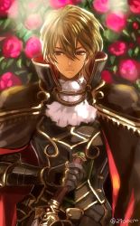 Rule 34 | armor, blonde hair, cape, eldigan (fire emblem), european clothes, fire emblem, fire emblem: genealogy of the holy war, floral background, highres, holding, looking at viewer, nana (nanalog76), nintendo, pauldrons, shoulder armor