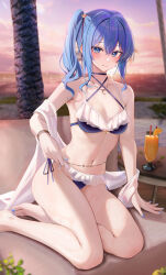 Rule 34 | 1girl, alternate costume, arm support, bare shoulders, bikini, blue bikini, blue eyes, blue hair, blue nails, blurry, blurry background, blush, bracelet, breasts, closed mouth, commentary request, criss-cross halter, cup, depth of field, drinking glass, frilled bikini, frills, halterneck, highres, hololive, horizon, hoshimachi suisei, jewelry, juice, looking at viewer, nail polish, navel, ocean, orange juice, outdoors, palm tree, round table, ru zhai, shawl, side-tie bikini bottom, side ponytail, sitting, small breasts, solo, sparkle, stomach, swimsuit, table, thighs, tree, virtual youtuber, wet, white shawl, yokozuwari