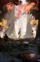 Rule 34 | 1boy, absurdres, arms at sides, asteroid ill, autumn, autumn leaves, blonde hair, blue cape, blue shirt, boots, cape, commentary, english commentary, falling leaves, forest, from side, full body, highres, leaf, link, log, looking ahead, male focus, maple leaf, nature, nintendo, scenery, shirt, solo, the legend of zelda, the legend of zelda: tears of the kingdom, tree, typo, walking, wide shot