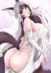 Rule 34 | 1girl, animal ear fluff, animal ears, azur lane, bridal gauntlets, bridal veil, dress, facial mark, from behind, from side, highres, long hair, looking at viewer, musashi (azur lane), nail polish, purple hair, revealing clothes, sai-go, see-through, sideways glance, smile, solo, standing, tail, veil, very long hair, wedding dress, wolf ears, wolf tail, yellow eyes