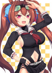Rule 34 | 1girl, :d, animal ears, arm up, black gloves, black skirt, blush, breasts, checkered background, clothing cutout, commentary request, cosplay, cowboy shot, daiwa scarlet (umamusume), fang, fingerless gloves, gloves, goggles, goggles on head, hair intakes, hand on own hip, highres, horse ears, kantai collection, large breasts, long hair, long sleeves, looking at viewer, microskirt, murasame (kancolle), murasame (kancolle) (cosplay), navel, navel cutout, neckerchief, open mouth, pleated skirt, race queen, red neckerchief, sideboob, skirt, smile, solo, standing, umamusume, very long hair, yasume yukito