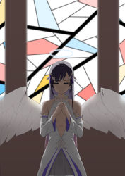 Rule 34 | 1girl, absurdres, angel wings, blue eyes, breasts, character request, church, closed mouth, copper, counter:side, dress, halo, hand on hand, highres, long hair, looking down, purple hair, simple background, small breasts, solo, split mouth, standing, white dress, white wings, wings
