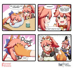 Rule 34 | 2girls, 4koma, :3, alternate costume, animal ear fluff, animal ears, animal hands, apron, bare shoulders, bell, blue kimono, blue ribbon, braid, breasts, cat paws, cleavage, closed mouth, collar, comic, detached sleeves, dual persona, english text, enmaided, fangs, fate/grand order, fate (series), fox ears, fox girl, fox tail, frilled apron, frills, gloves, hair ribbon, highres, in the face, japanese clothes, jingle bell, keita naruzawa, kimono, large breasts, maid, maid apron, maid headdress, meme, multiple girls, neck bell, open mouth, paw gloves, pink hair, red ribbon, ribbon, sleeping, speech bubble, tail, tamamo (fate), tamamo cat (fate), tamamo cat (second ascension) (fate), tamamo no mae (fate/extra), waist apron, white apron, yellow eyes