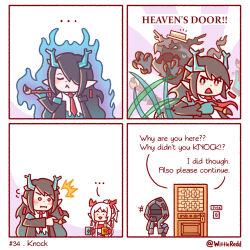 Rule 34 | ..., 1other, 2girls, 4koma, ambiguous gender, arknights, black coat, black hair, chibi, coat, comic, doctor (arknights), door, dragon girl, dragon horns, dragon tail, dusk (arknights), english text, green horns, hat, highres, hood, hood up, hooded coat, hooded jacket, horns, jacket, jojo no kimyou na bouken, light switch, long hair, multiple girls, necktie, nian (arknights), open clothes, open mouth, paintbrush, pointy ears, red necktie, stand (jojo), sweatdrop, tail, twitter username, white hair, wittle red