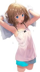 Rule 34 | 1girl, ahoge, aqua shorts, armpits, arms up, blue eyes, breasts, brown hair, camisole, collarbone, commentary request, cropped legs, holding, holding towel, idolmaster, idolmaster million live!, short shorts, shorts, simple background, small breasts, solo, suou momoko, towel, wet, wet hair, white background, white camisole, yoropa