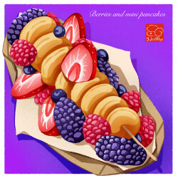 Rule 34 | artist logo, artist name, berry, blackberry (fruit), food, food focus, fruit, highres, mini pancake, no humans, original, pancake, raspberry, skewer, strawberry, yuki00yo