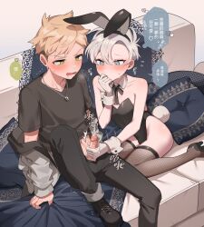 Rule 34 | 2boys, animal ears, bare shoulders, black leotard, blonde hair, blue eyes, blush, bulge, chinese commentary, clothed sex, collarbone, commentary request, couch, covering own mouth, crossdressing, cum, detached collar, ejaculation, erection, fake animal ears, fake tail, fang, fishnet thighhighs, fishnets, flying sweatdrops, full body, gloved handjob, gloves, green eyes, habuka yukinami (ming), hair between eyes, hairband, handjob, heart, high heels, highleg, highleg leotard, highres, leotard, male focus, male playboy bunny, ming (5unri5e666), motion lines, multiple boys, neck ribbon, on couch, open mouth, original, paid reward available, penis, pillow, rabbit ears, rabbit tail, ribbon, short hair, sitting, skin fang, speech bubble, spoken heart, strapless, strapless leotard, sweat, tail, thighhighs, thought bubble, translation request, trap, trembling, uncensored, wariza, white gloves, white hair, yaoi