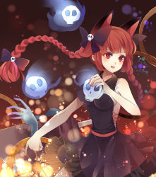 Rule 34 | 1girl, absurdres, alternate costume, animal ears, bad id, bad pixiv id, baocaizi, bare shoulders, braid, cart, cat ears, cat tail, detached collar, dress, extra ears, gradient background, hair ornament, hair ribbon, highres, kaenbyou rin, long hair, looking away, nail polish, open mouth, pointy ears, red eyes, red hair, ribbon, skull, smile, solo, strapless, strapless dress, tail, touhou, twin braids, upper body