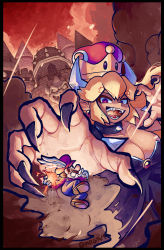 Rule 34 | 1boy, 1girl, armlet, black nails, blue overalls, bowsette, breasts, castle, cleavage, collar, earrings, facial hair, fingernails, fireball, giant, giantess, highres, jewelry, large breasts, long sleeves, mario, mario (series), mogy64, mustache, nail polish, new super mario bros. u deluxe, nintendo, open mouth, overalls, red headwear, red shirt, sharp fingernails, shirt, smile, spiked armlet, spiked collar, spikes, super crown, upper body
