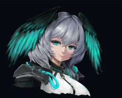 Rule 34 | 1girl, absurdres, arknights, black background, black feathers, black wings, blue eyes, blue feathers, blue wings, commentary request, crossed bangs, feathered wings, feathers, grey hair, hair between eyes, head wings, highres, ho&#039;olheyak (arknights), infection monitor (arknights), looking at viewer, simple background, smile, solo, two-tone wings, wings, xiniu r&amp;f (lande hua hua)
