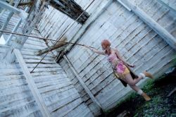 Rule 34 | abandoned, bracelet, building, cosplay, female focus, final fantasy, final fantasy xiii, jewelry, midriff, necklace, oerba dia vanille, oerba dia vanille (cosplay), photo (medium), pink shirt, plant, ruins, shirt, skirt, standing, twintails