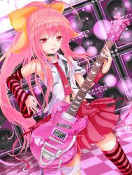 Rule 34 | 1girl, ahoge, amplifier, asymmetrical clothes, bad id, bad pixiv id, cabbaco, detached sleeves, dutch angle, electric guitar, gibson les paul, glint, guitar, heart, highres, instrument, lens flare, long hair, necktie, original, pink hair, red eyes, sakurazaki aya, single thighhigh, skirt, solo, striped clothes, striped thighhighs, thighhighs, very long hair, zettai ryouiki