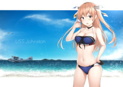 Rule 34 | 1girl, aircraft, airplane, alternate costume, bikini, black gloves, blue bikini, blue sky, blurry, blurry background, breasts, brown eyes, character name, choker, cleavage, cloud, collarbone, cowboy shot, day, driftkingtw, food, gloves, hair ribbon, hand on own hip, highres, holding, holding food, ice cream cone, johnston (kancolle), kantai collection, light brown hair, long hair, medium breasts, navel, ocean, open mouth, outside border, ribbon, single glove, sky, solo, splashing, star (symbol), star choker, stomach, swimsuit, two side up, united states medal of honor, v-shaped eyebrows