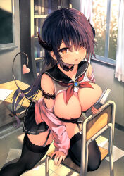 Rule 34 | absurdres, black hair, black sailor collar, black skirt, black thighhighs, bra, breasts, brown eyes, cardigan, chair, classroom, clothes lift, curtains, day, demon girl, demon horns, demon tail, desk, garter straps, hair between eyes, highres, horns, indoors, large breasts, long hair, long sleeves, looking at viewer, non-web source, open clothes, open mouth, open shirt, original, pink cardigan, pleated skirt, sailor collar, school chair, school desk, school uniform, skirt, skirt lift, sune (mugendai), sweater, tail, thighhighs, underwear, window
