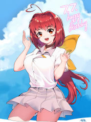 Rule 34 | 1girl, absurdres, ahoge, bow, breasts, brown collar, brown eyes, cloud, collar, grey skirt, hair bow, hair intakes, happy birthday, head tilt, heart, heart hair, highres, kagami sumika, large breasts, long hair, looking at viewer, muv-luv, open hand, saya species, shirt, skirt, sky, smile, solo, white shirt, yellow bow