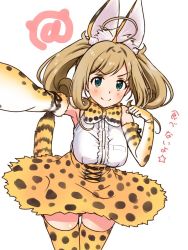 Rule 34 | 10s, 1girl, ahoge, animal ears, bad id, bad twitter id, bare shoulders, blonde hair, blush, bow, bowtie, breasts, commentary request, cosplay, elbow gloves, gloves, green eyes, idolmaster, idolmaster cinderella girls, japari symbol, kemono friends, large breasts, long hair, looking at viewer, paw pose, reaching, reaching towards viewer, sato shin, selfie, serval (kemono friends), serval (kemono friends) (cosplay), serval print, serval tail, simple background, skirt, smile, solo, tail, tama goan, thighhighs, twintails, white background