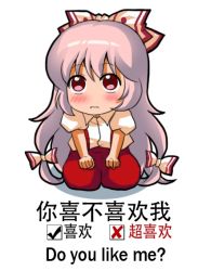 Rule 34 | 1girl, bilingual, blush, chinese text, clenched hands, english text, fujiwara no mokou, full body, hair ribbon, jokanhiyou, long hair, looking at viewer, looking up, meme, mixed-language text, multi-tied hair, red eyes, ribbon, seiza, simple background, sitting, suspenders, touhou, translation request, white background, white hair
