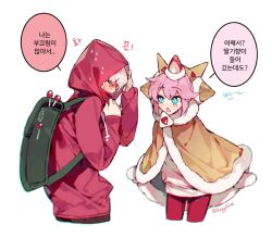 Rule 34 | &gt; &lt;, 1boy, 1girl, androgynous, artist name, blue eyes, brown cape, cape, cookie run, crown, earmuffs, food-themed hair ornament, gloves, hair ornament, hood, hood up, hoodie, humanization, korean text, long sleeves, open mouth, pants, pink hair, pink hoodie, pink pants, reverse trap, sapphire (nine), simple background, speech bubble, strawberry cookie, strawberry crepe cookie, strawberry hair ornament, sweater, translation request, white background, white gloves, white hair, white sweater
