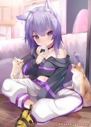 Rule 34 | 1girl, ahoge, animal, animal ear fluff, animal ears, arm between legs, artist name, bed, between legs, black collar, breasts, cat, cat ears, cat girl, collar, collarbone, commentary request, eating, food, holding, holding food, hololive, indian style, indoors, looking at viewer, md5 mismatch, medium hair, midriff, mujinbensin, mujinbi, navel, nekomata okayu, nekomata okayu (1st costume), off shoulder, on floor, onigiri, open mouth, pants, patreon username, pillow, purple eyes, purple hair, resolution mismatch, shoes, sitting, small breasts, solo, source smaller, tail, virtual youtuber, white pants, yellow footwear