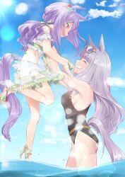 Rule 34 | 2girls, animal ears, bare shoulders, bikini, bikini skirt, black one-piece swimsuit, blue sky, breasts, closed eyes, cloud, cloudy sky, commentary request, ear ornament, eyewear on head, flower, frilled bikini, frills, from side, full body, gakeumi, gold ship (run revolt launcher) (umamusume), gold ship (umamusume), grey hair, grin, hair flower, hair ornament, highres, horse ears, horse girl, horse tail, jewelry, lens flare, lifting person, long hair, medium breasts, mejiro mcqueen (ripple fairlady) (umamusume), mejiro mcqueen (umamusume), midriff, multiple girls, nail polish, ocean, one-piece swimsuit, one eye closed, open mouth, partially submerged, purple eyes, purple hair, purple nails, sandals, sky, smile, sunglasses, swimsuit, tail, teeth, toenail polish, toenails, umamusume, water, water drop, wet