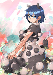 Rule 34 | 1girl, animal ears, black dress, blue eyes, blue hair, book, clothes lift, cowboy shot, doremy sweet, dress, dress lift, extra ears, looking at viewer, matching hair/eyes, multicolored clothes, multicolored dress, no headwear, no headwear, open book, pom pom (clothes), short hair, short sleeves, signature, solo, tail, tapir ears, tapir tail, touhou, umigarasu (kitsune1963), white dress
