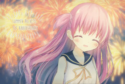 Rule 34 | 1girl, ^ ^, aiyan, blue sailor collar, blush, closed eyes, commentary request, copyright name, dress, english text, eyelashes, fang, fireworks, floating hair, hair between eyes, happy, highres, katou umi, long hair, night, open mouth, outdoors, purple hair, ribbon, sailor collar, sleeveless, sleeveless dress, smile, solo, summer pockets, two side up, upper body, very long hair, white dress, yellow ribbon