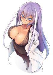 Rule 34 | 1girl, black pantyhose, blue eyes, breasts, cleavage, doctor, full body, glasses, hands in pockets, isabelle (shadowverse), lab coat, large breasts, long hair, looking at viewer, pantyhose, pencil skirt, purple hair, shadowverse, simple background, skirt, smile, solo, standing, waero, white background