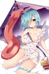 Rule 34 | 1girl, :o, apron, between breasts, blue hair, blue panties, blush, breasts, cleavage, collarbone, commentary request, hair over one eye, head tilt, highres, holding, holding umbrella, large breasts, looking at viewer, maturiuta sorato, naked apron, off shoulder, panties, panties around leg, red eyes, simple background, sitting, solo, tatara kogasa, tongue, touhou, umbrella, underwear, white background