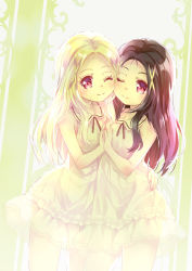 Rule 34 | 2girls, 54hao, ;), bare arms, bare shoulders, black hair, closed mouth, collared dress, dress, frilled dress, frills, hair ornament, highres, holding hands, long hair, looking at viewer, multiple girls, nail polish, one eye closed, original, parted bangs, pink nails, red eyes, siblings, sisters, sleeveless, sleeveless dress, smile, twins, very long hair, white dress, white hair, x hair ornament
