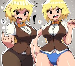 Rule 34 | !, 1girl, adventure time, adventure time:fionna and cake, anger vein, angry, black eyes, blonde hair, blue panties, blush, bow, bowtie, breasts, brown pants, brown vest, buck teeth, cartoon network, fionna the human girl, grey background, hand on own hip, highres, index finger raised, large breasts, long hair, looking at viewer, open mouth, orange bow, orange bowtie, panties, pants, ponytail, shirt, short sleeves, smile, sparkle, speech bubble, spoken exclamation mark, standing, teeth, tony welt, underwear, vest, white shirt, wide hips