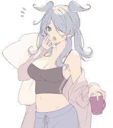 Rule 34 | 1girl, :o, absurdres, alternate costume, bad id, bad twitter id, black camisole, blue eyes, blue hair, blue pants, breasts, camisole, chika (2343 chika), cleavage, cup, elira pendora, grey sweater, hair over one eye, highres, holding, holding cup, looking at viewer, medium breasts, midriff, mug, navel, nijisanji, nijisanji en, off shoulder, open hand, open mouth, pants, solo, sweater, sweatpants, twintails, virtual youtuber, white background
