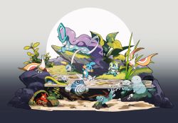 Rule 34 | afloat, closed eyes, closed mouth, commentary request, corphish, creatures (company), closed eyes, froakie, game freak, gen 1 pokemon, gen 2 pokemon, gen 3 pokemon, gen 6 pokemon, gen 8 pokemon, grass, highres, lanjiujiu, legendary pokemon, looking down, lotad, lying, masquerain, moss, mudkip, nintendo, no humans, on stomach, open mouth, pokemon, pokemon (creature), poliwhirl, quagsire, smile, sobble, splashing, suicune, surskit, swimming, totodile, u u, water, wooper