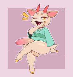 Rule 34 | 1boy, androgynous, animal crossing, animal ears, arm support, bottomless, crossed legs, deer ears, deer tail, erection, eyebrows, eyelashes, foreskin, frumples, furry, genderswap, genderswap (ftm), highres, hooves, horns, huge penis, japanese clothes, kimono, looking at viewer, male focus, nintendo, ojou-sama pose, one eye closed, open mouth, penis, phimosis, purple background, shino (animal crossing), simple background, sitting, smile, tail, testicles, thick thighs, thighs, trap, uncensored, veins, veiny penis, wide hips, yellow eyes, yukata