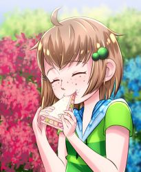 Rule 34 | 1girl, ahoge, banana, blue collar, blue flowers, blush, bread, brown hair, bush, child, closed eyes, closed mouth, collar, collared shirt, eating, flower, food, food on face, freckles, fruit, grass, green hair ornament, green shirt, hair ornament, indie virtual youtuber, lily hopkins, nature, pepper fyves, red flower, sandwich, shirt, star fruit, strawberry, striped clothes, striped shirt, sunlight, upper body, virtual youtuber, war