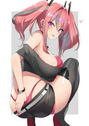 Rule 34 | 1girl, ass, azur lane, bare shoulders, belt, bikini, bikini under clothes, black footwear, black shirt, black shorts, blush, boots, border, bow, breasts, bremerton (azur lane), closed mouth, commentary, crop top, crop top overhang, grey background, grey hair, hair between eyes, hair bow, hair ornament, hairclip, heart, highres, huge breasts, large breasts, long hair, looking at viewer, looking back, luse maonang, multicolored hair, nail polish, pink bikini, pink eyes, pink hair, pink nails, shirt, short shorts, shorts, sidelocks, smile, solo, squatting, streaked hair, swimsuit, thigh boots, thighhighs, thighs, tongue, tongue out, twintails, two-tone hair, whale tail (clothing), white belt, white border, x hair ornament