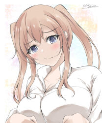 Rule 34 | 1girl, alternate costume, artist name, blonde hair, breasts, closed mouth, commentary request, dated, dress shirt, gakky, graf zeppelin (kancolle), hair between eyes, kantai collection, large breasts, long hair, looking at viewer, one-hour drawing challenge, shirt, sidelocks, simple background, solo, tsurime, twintails, upper body, white background, white shirt