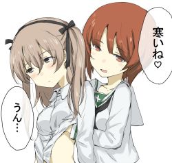 Rule 34 | 10s, 2girls, blouse, brown eyes, brown hair, clothes lift, collarbone, commentary request, dress shirt, eyebrows, gedou (ge ge gedou), girls und panzer, grabbing, grabbing another&#039;s breast, grabbing from behind, hair between eyes, hair ribbon, lifting another&#039;s clothes, long hair, long sleeves, multiple girls, nishizumi miho, ooarai school uniform, ribbon, school uniform, shimada arisu, shirt, shirt lift, short hair, side ponytail, simple background, speech bubble, translated, upper body, white background, white shirt, yuri