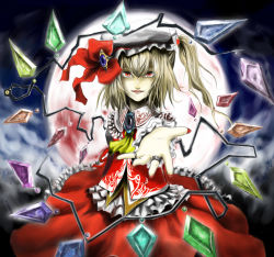 Rule 34 | 1girl, bad id, bad pixiv id, blonde hair, female focus, flandre scarlet, hat, jewelry, mob cap, moon, outdoors, outstretched arm, outstretched hand, ponytail, reaching, red eyes, ring, ross (clumzero), side ponytail, sky, solo, standing, touhou, wings