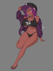 Rule 34 | 1girl, baseball cap, blush, breasts, brups tv, cleavage, dark-skinned female, dark skin, grey background, hat, highres, large breasts, looking at viewer, nintendo, octoling, octoling girl, octoling player character, sandals, solo, splatoon (series), thong, underboob